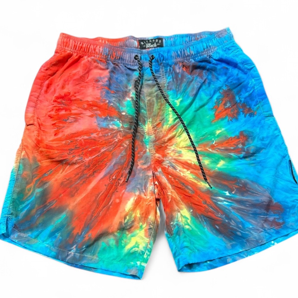 NITROUS BLACK Red and Blue Swim Trunks Vibrant Tie-Dye Design S